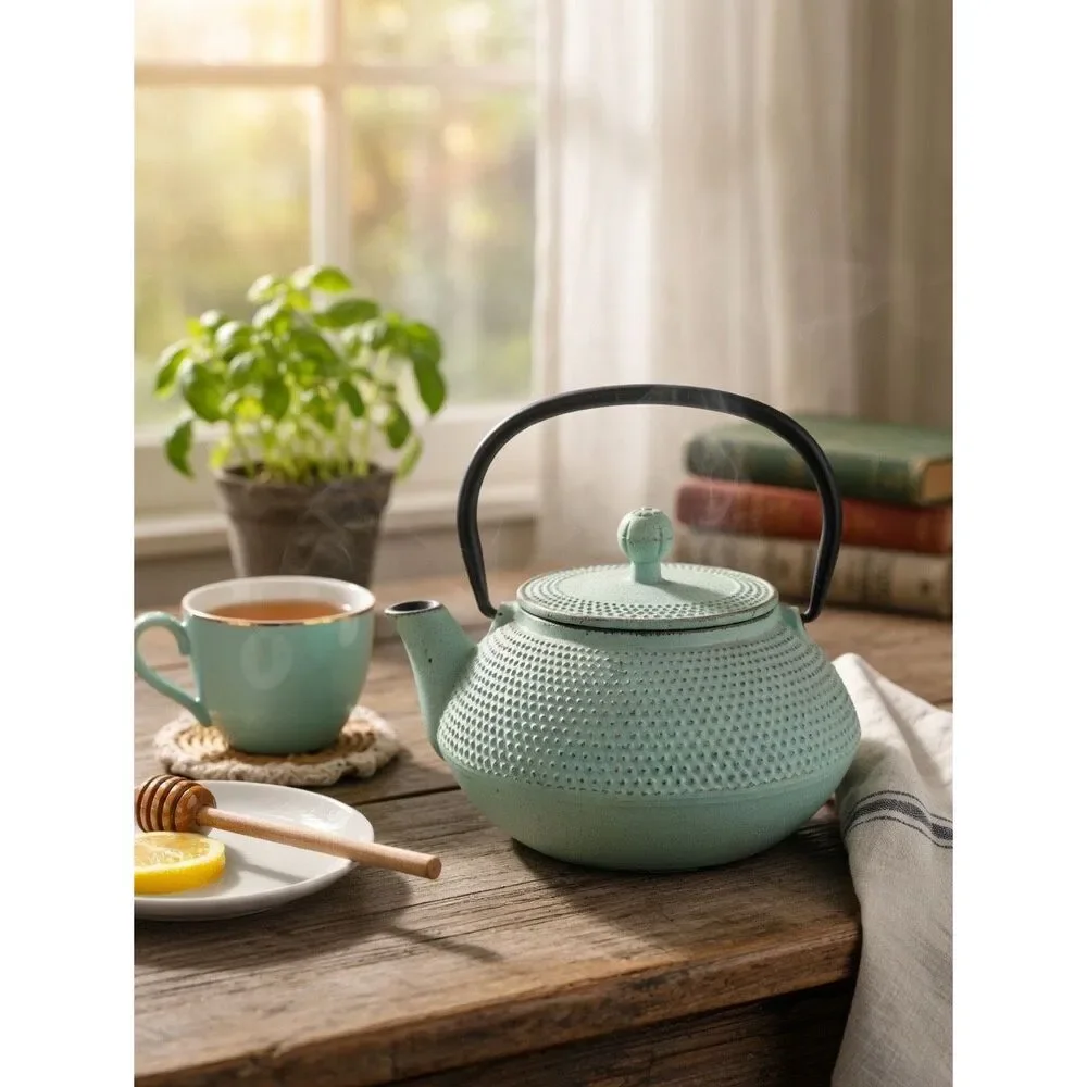 Green Cast Iron Tea Pot & Lid Distressed Patina Dot Texture Asian Rustic Decor